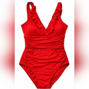 Ralph Lauren Red Ruffle V-Neck One-Piece Swimsuit